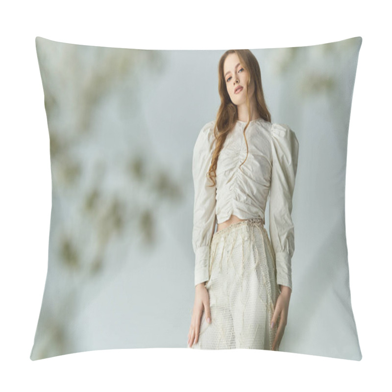 Personality  A Beautiful Young Woman Stands Gracefully With Flowers Adorning Her Hair. Pillow Covers