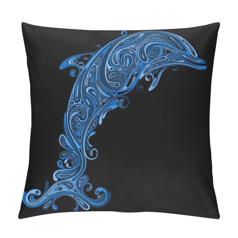 Personality  Abstract Vector Blue Dolphin Of Patterns On A Black Background Pillow Covers