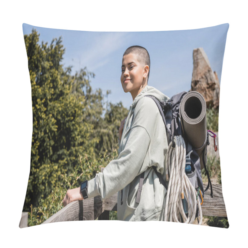 Personality  Cheerful Young Short Haired Woman Traveler With Fitness Tracker And Backpack With Travel Equipment Looking At Camera While Standing Near Wooden Fence With Nature At Background, Summer Pillow Covers