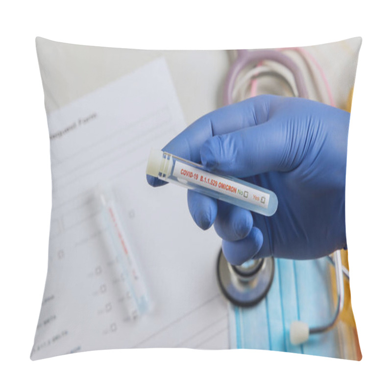 Personality  Tube Containing A Swab Sample For COVID-19 That Has Tested Positive With Testing For Presence Of New Version Omicron Of Coronavirus Pillow Covers