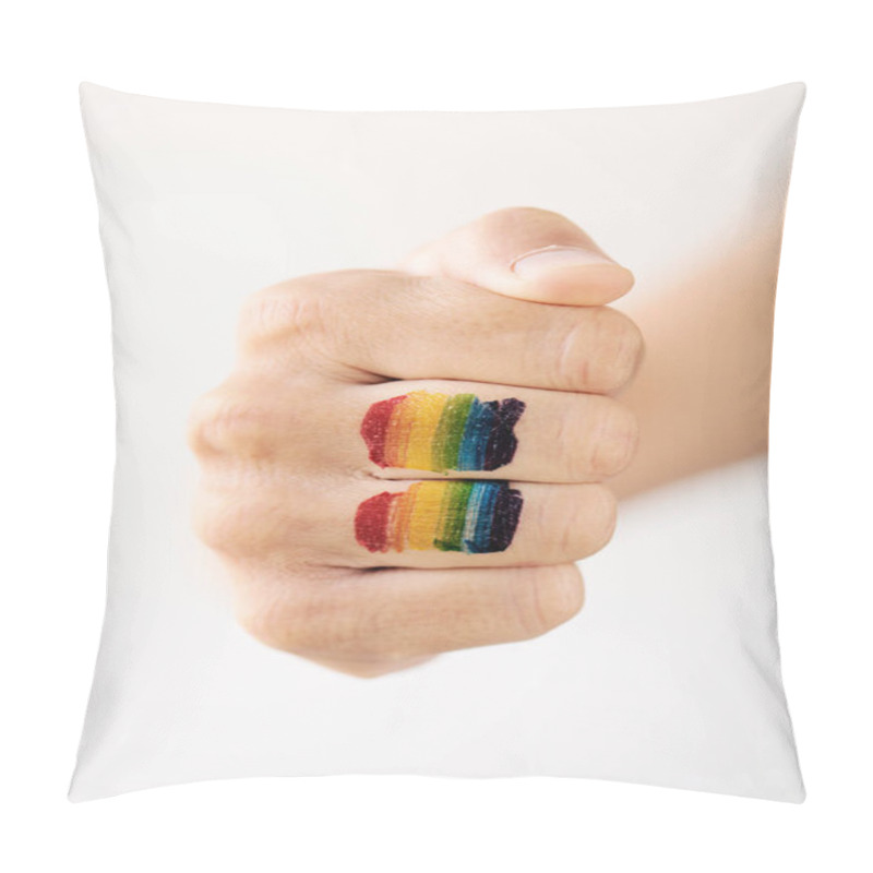 Personality  Closeup Of A Rainbow Flag In The Fist Of A Young Caucasian Person, Against An Off-white Background Pillow Covers