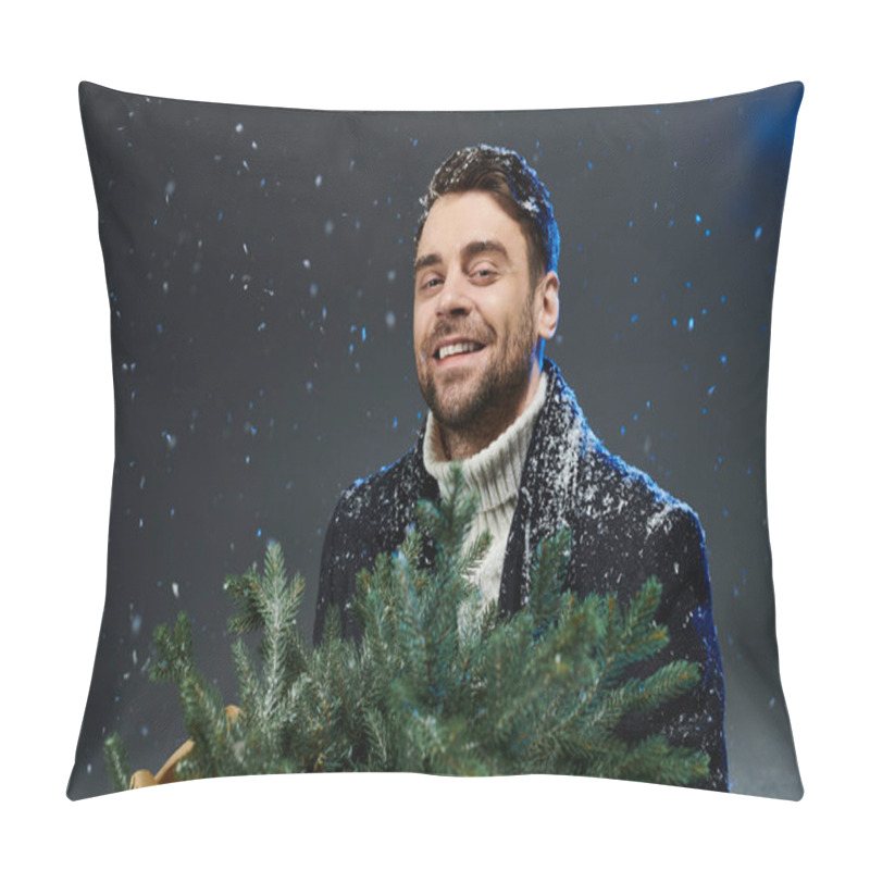 Personality  A Young Man Enjoys A Snowy Moment, Holding Fresh Evergreen Branches With A Cheerful Smile. Pillow Covers