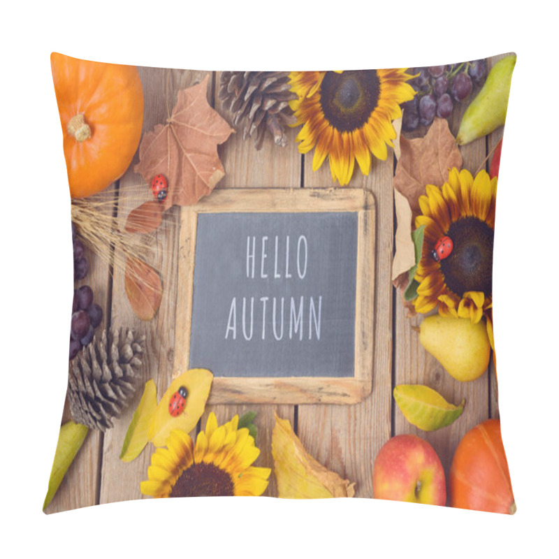 Personality  Hello Autumn Concept With Chalkboard,  Pumpkin, Apples And Sunfl Pillow Covers