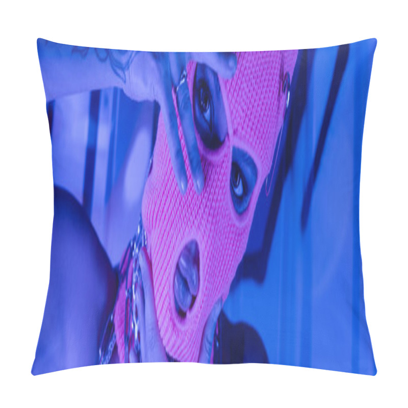 Personality  Provocative Woman In Balaclava Posing With Hands Near Face At Wall With Graffiti In Blue Neon Lighting, Banner Pillow Covers