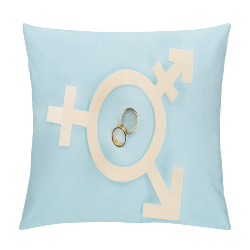 Personality  White Paper Gender Sign With Wedding Rings On Blue Background, Lgbt Concept Pillow Covers