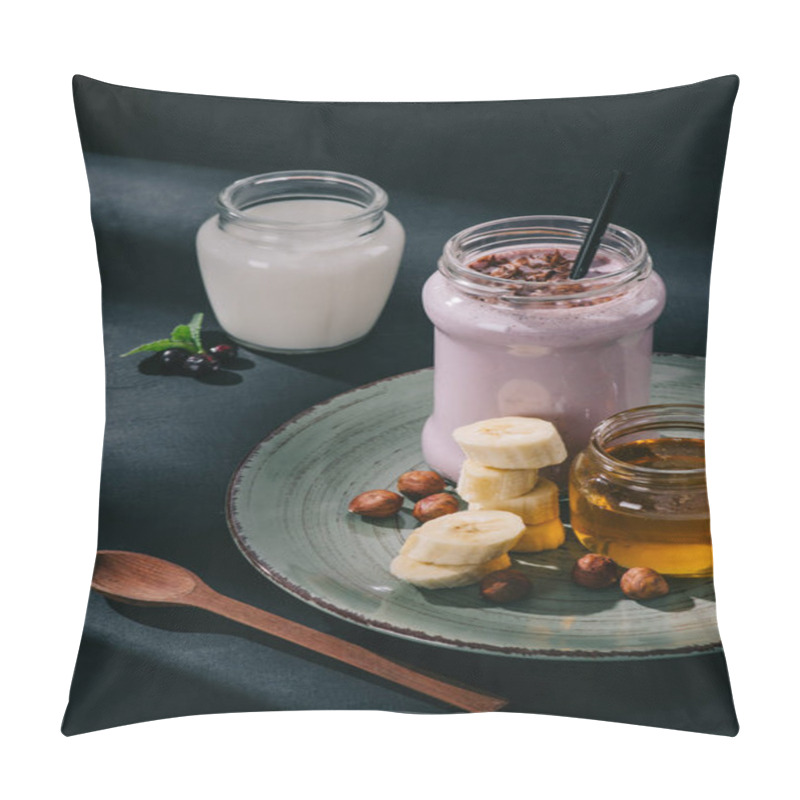 Personality  Closeup Image Of Berry Smoothie, Jam, Banana Slices And Walnuts On Plate, Spoon, Yogurt And Currants  Pillow Covers