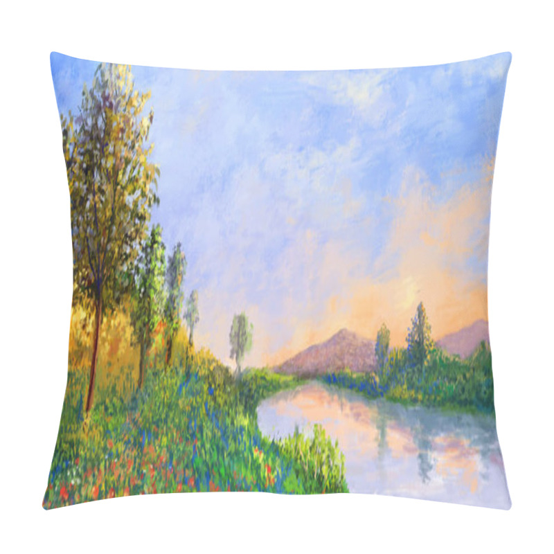 Personality  Impressionism Scenery. Mountain, Tree, River. Fantasy Backdrop. Concept Art. Realistic Illustration. Video Game Digital CG Artwork Background. Nature Scenery. Pillow Covers