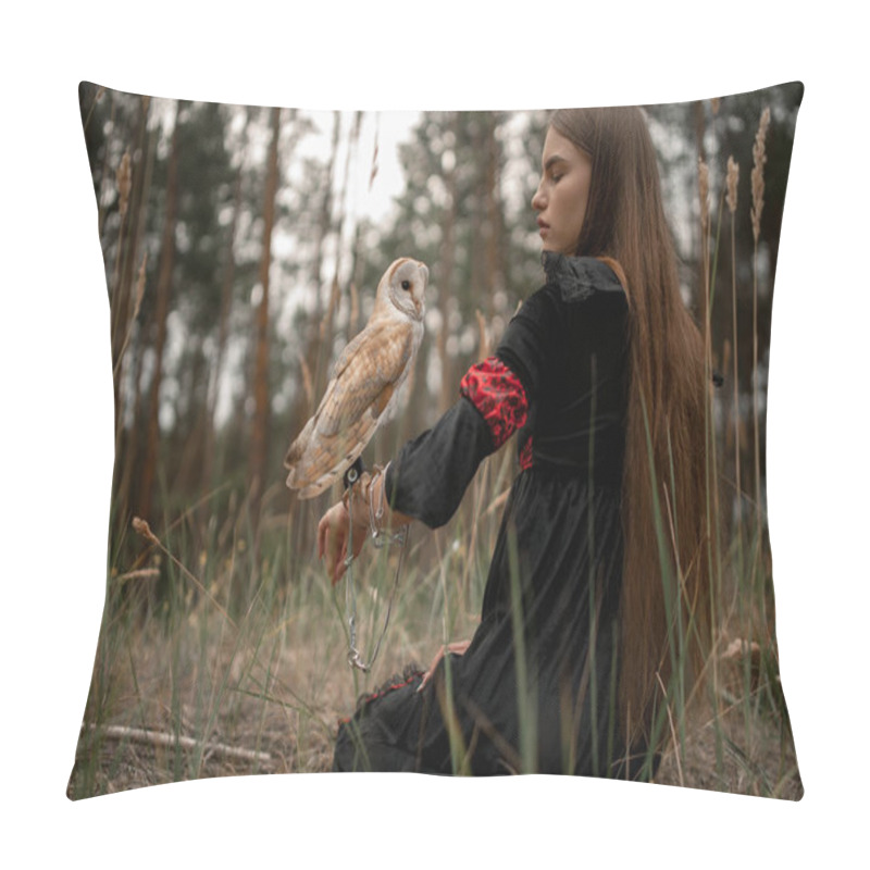 Personality  Girl Sits On Grass With Owl On Her Hand In Forest. Pillow Covers