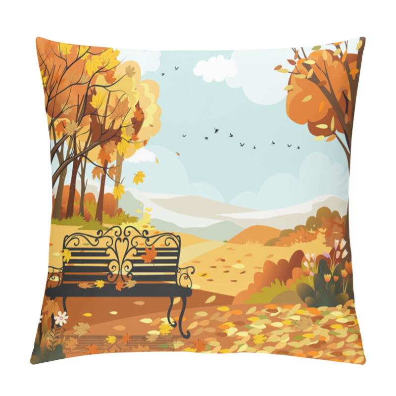 Personality  Autumn Landscape Wonderland Forest With Bench Under The Tree,Mid Autumn Natural In Orange Foliage,Fall Season With Beautiful Panoramic View  Maples Leaves Falling From Trees  Pillow Covers