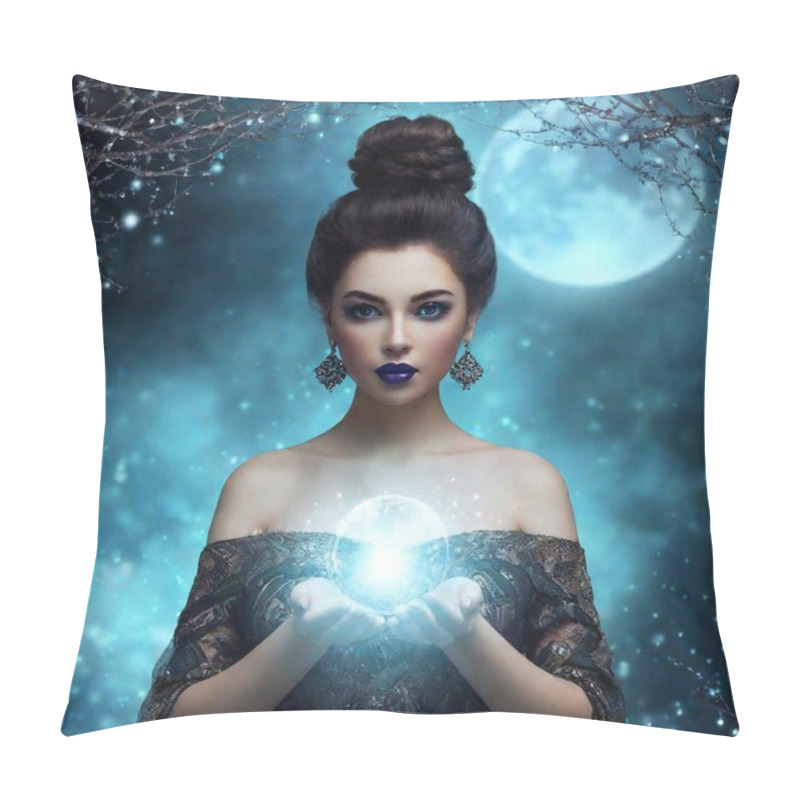 Personality  A High-resolution Digital Artwork Depicting A Dark-haired Woman With Piercing Eyes, Dressed In An Intricate, Dark, Medieval-style Gown With Silver Embellishments. She Is Holding A Glowing Crystal Ball With Both Hands, Emanating An Ethereal Blue Pillow Covers