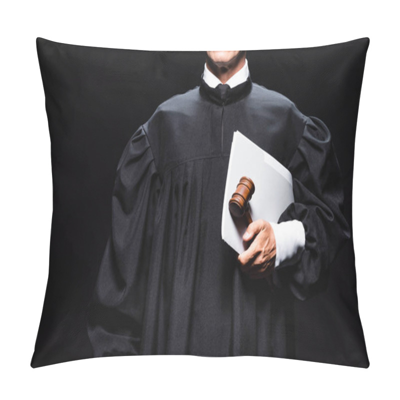 Personality  Cropped View Of Judge In Judicial Robe Holding Gavel And Papers Isolated On Black  Pillow Covers