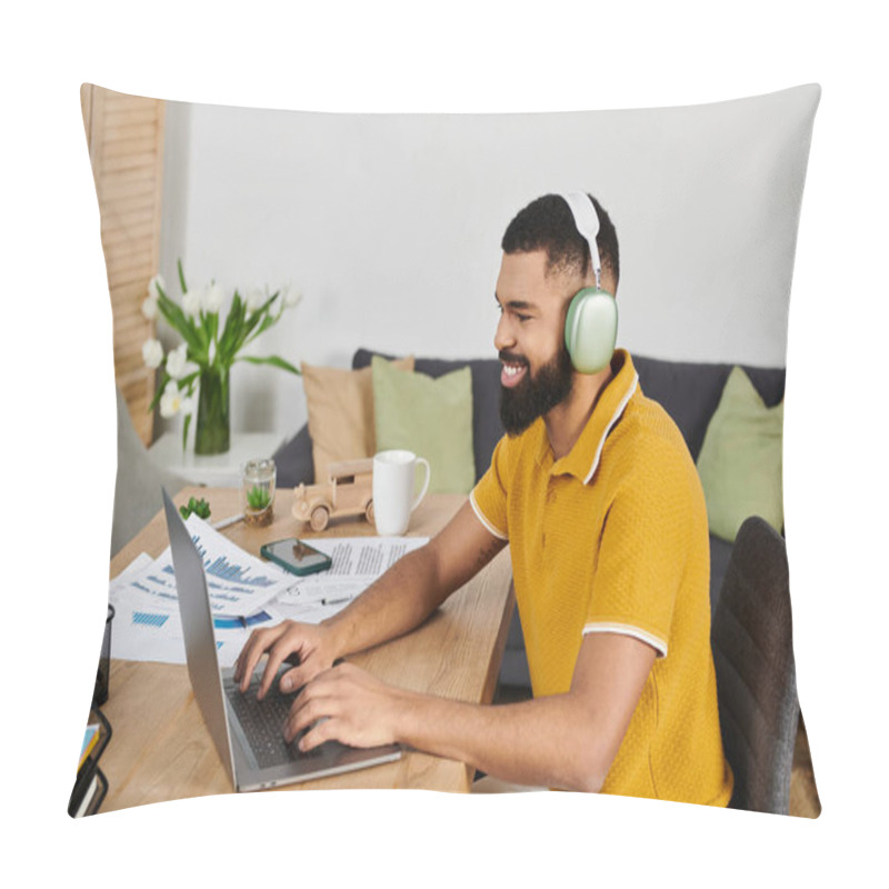 Personality  A Smiling Man Engages With His Laptop, Surrounded By A Cozy Home Atmosphere. Pillow Covers