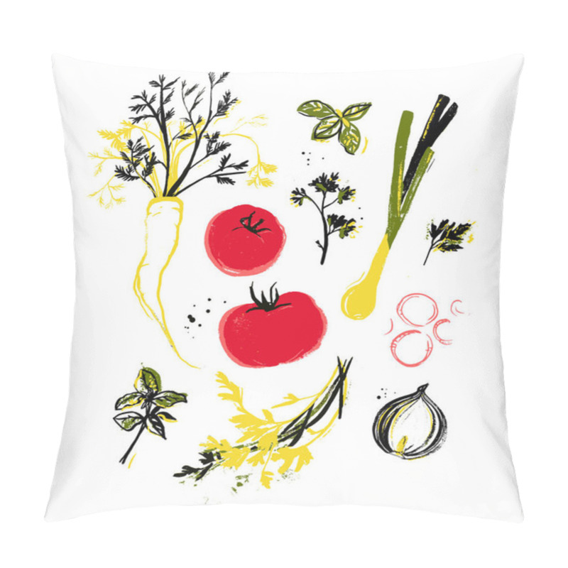 Personality  Various Vegetables And Cooking Herbs, Hand Painted Ink Illustration. Imperfect Veggies, Locally Grown, Farm Market Design Elements. Fresh Ripe Red Tomatoes, Leek, Carrot, Basil Leaves Pillow Covers