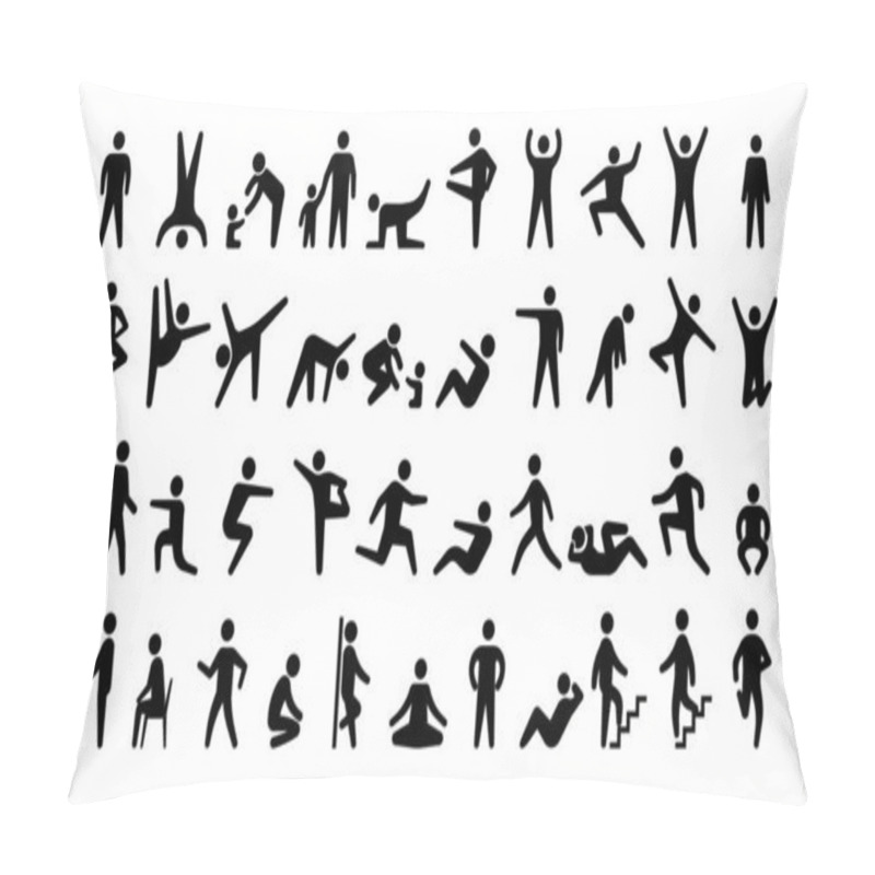 Personality  People Black Icons. Stickman Persons. Human Actions. Men And Women In Various Poses. Minimal Pose Silhouettes Set. Male And Female Training. Mother Walking With Kid. Vector Pictograms Pillow Covers