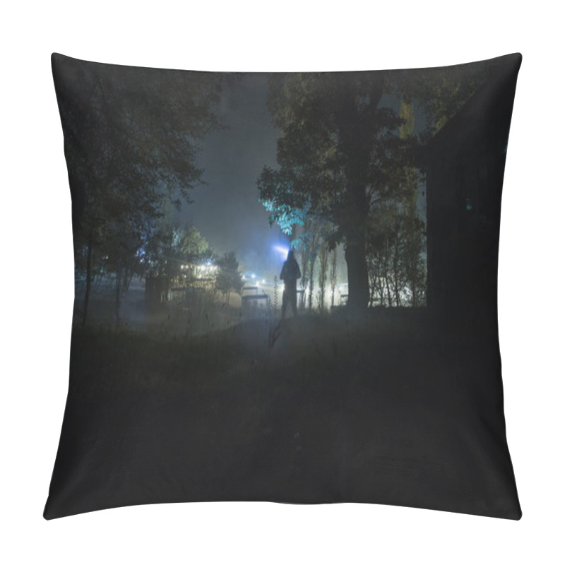 Personality  Silhouette Of Person Standing In The Dark Forest With Light. Horror Halloween Concept. Strange Silhouette In A Dark Spooky Forest At Night Pillow Covers