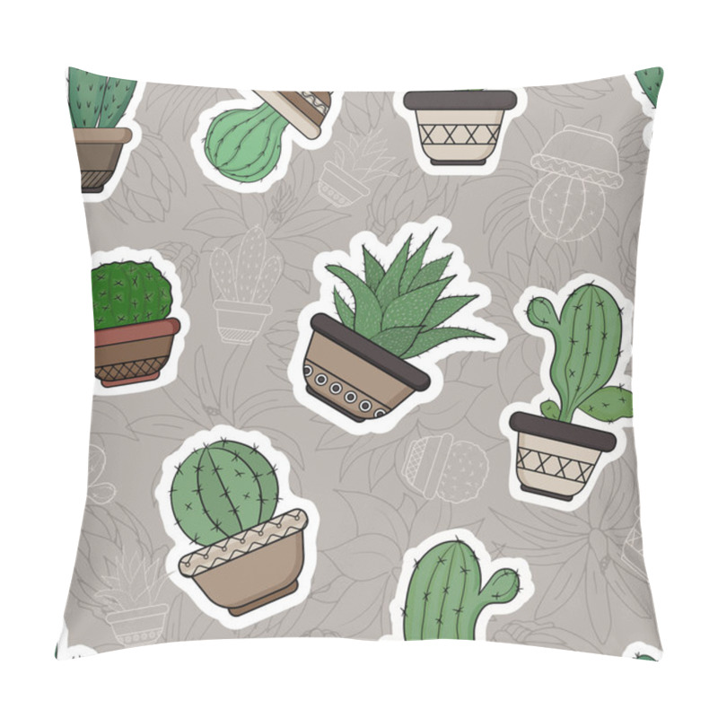 Personality  Cacti In Flower Pots In The Form Of Stickers. Seamless Pattern On A Colored Background. Pillow Covers