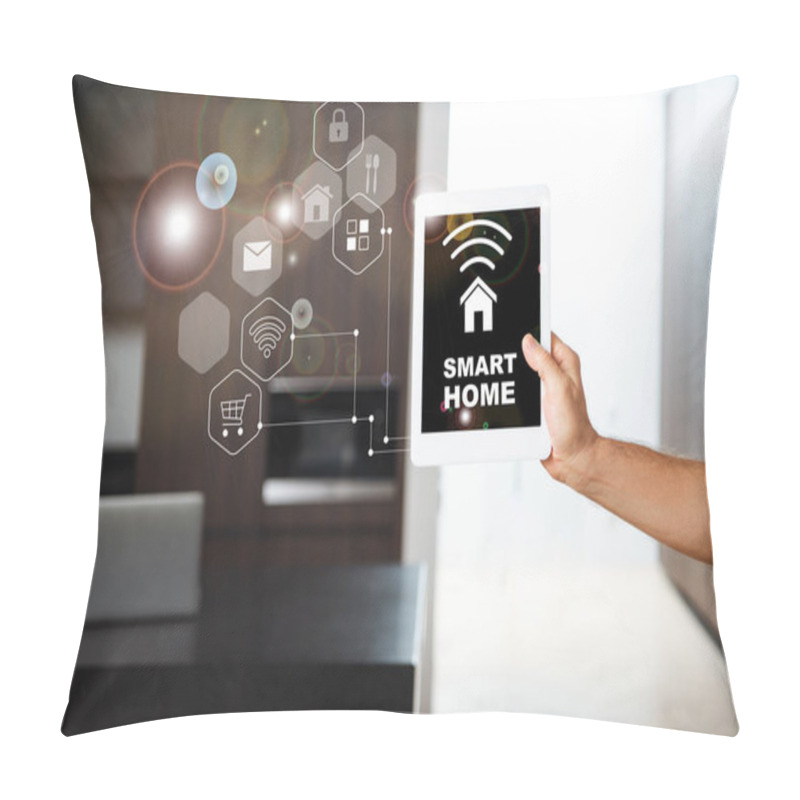 Personality  Selective Focus Of Male Hand With Digital Tablet With Smart Home Illustration Pillow Covers