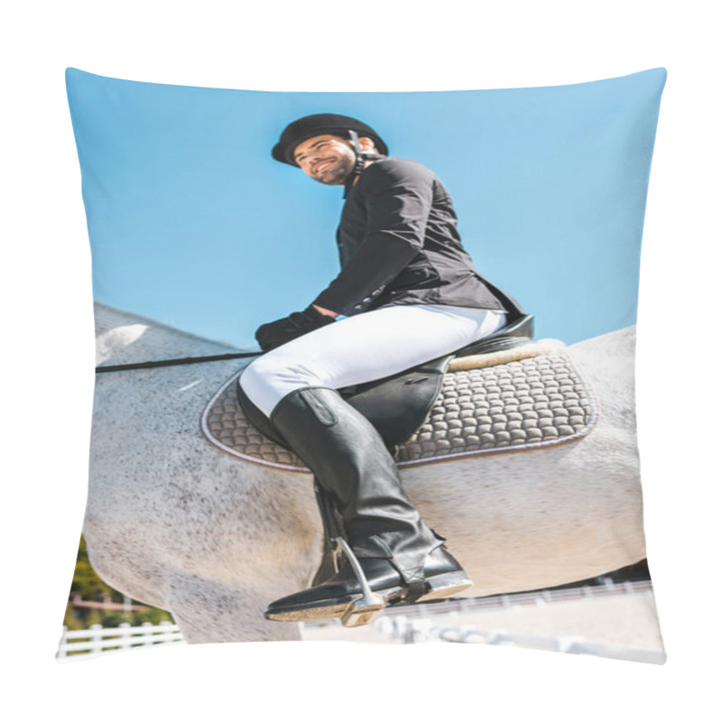 Personality  Low Angle View Of Smiling Handsome Male Equestrian Sitting On Horseback At Horse Club Pillow Covers