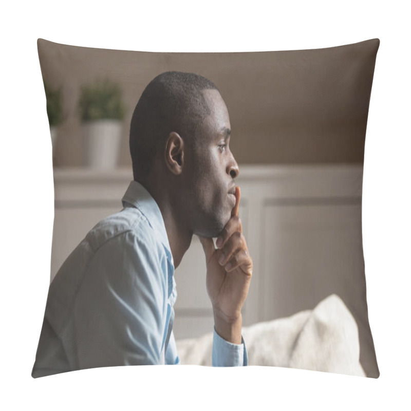 Personality  Profile Face Of Sad African Guy Thinking Indoors Pillow Covers