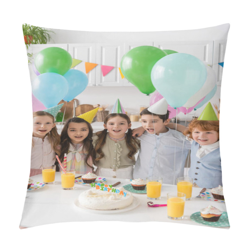 Personality  Group Of Children Singing Happy Birthday Song Next To Cupcakes And Balloons  Pillow Covers