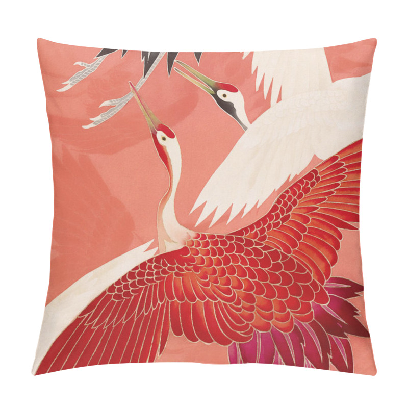 Personality  Japanese Cranes. White And Red Cranes Flying Over A Vibrant And Warm Background In Shades Of Red And Peach. An Exquisite Composition In The Japanese Style. Pillow Covers