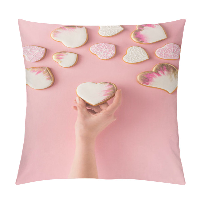 Personality  Partial View Of Woman Holding Glazed Cookie In Hand Isolated On Pink, St Valentines Day Concept Pillow Covers