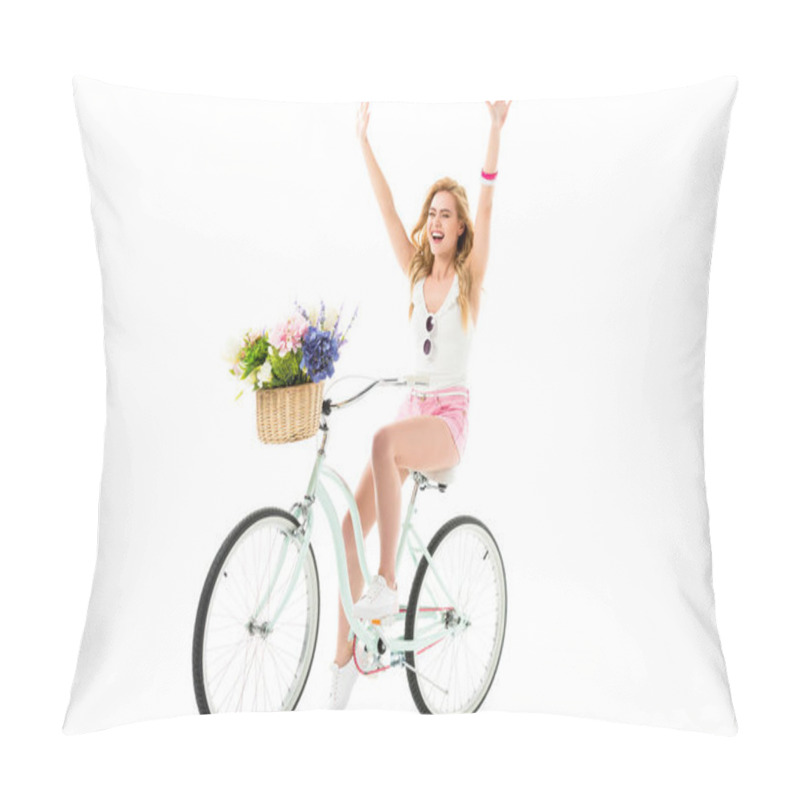 Personality  Blonde Woman Riding Bicycle With Flowers In Basket Isolated On White Pillow Covers