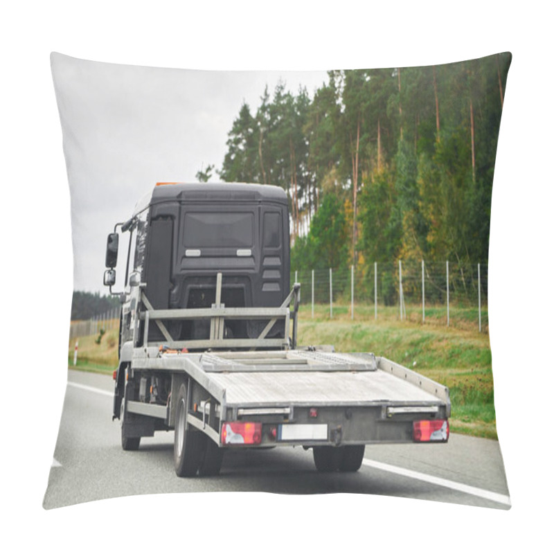 Personality  Reliable Towing And Recovery Services: 24-7 Assistance For Vehicle Breakdowns And Accidents. Emergency Roadside Assistance On The Highway. Side View Of The Flatbed Tow Truck Pillow Covers