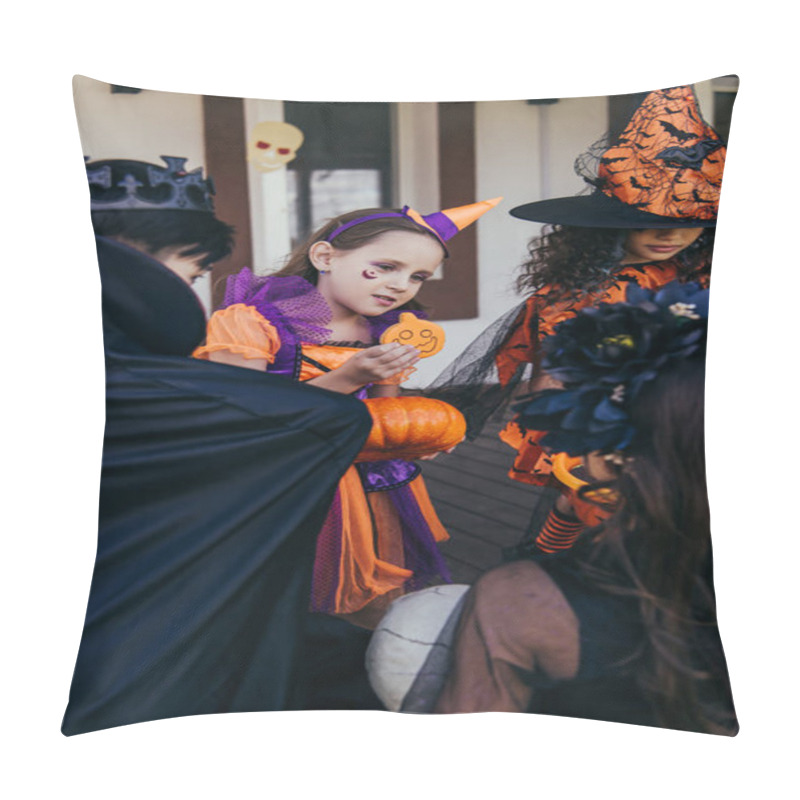 Personality  Girl In Halloween Costume Holding Pumpkin And Cookie Near Interracial Friends Outdoors  Pillow Covers