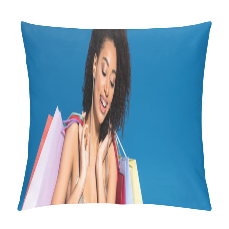 Personality  Smiling Elegant African American Woman In Silver Dress Holding Shopping Bags On Blue Background, Panoramic Shot Pillow Covers