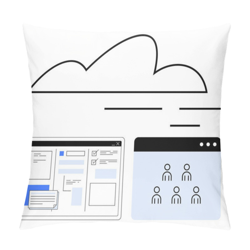 Personality  Cloud Icon With A Dashboard Featuring Forms, Texts, And Messages Alongside A Grid Of Six User Icons. Ideal For Teamwork, Data Management, Remote Collaboration, Connectivity, Technology, SaaS Tools Pillow Covers