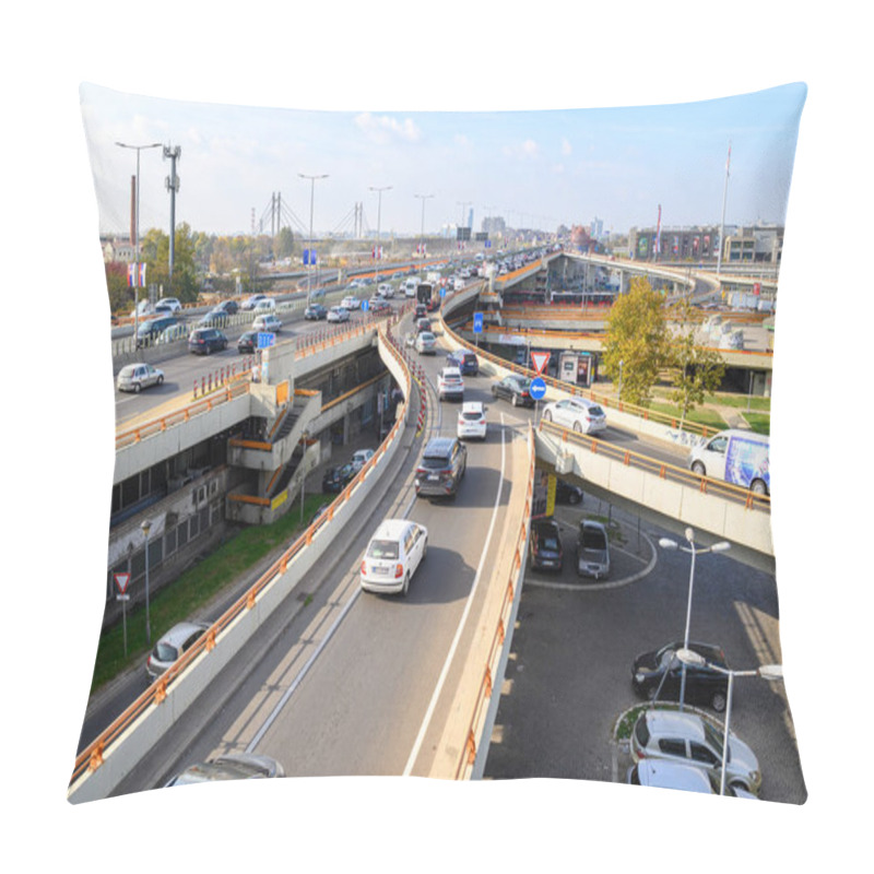 Personality  Mostar Loop Interchange And Urban Highway Over Gazela Bridge (European Route E75) In Belgrade, Capital Of Serbia On 31 October 2024 Pillow Covers