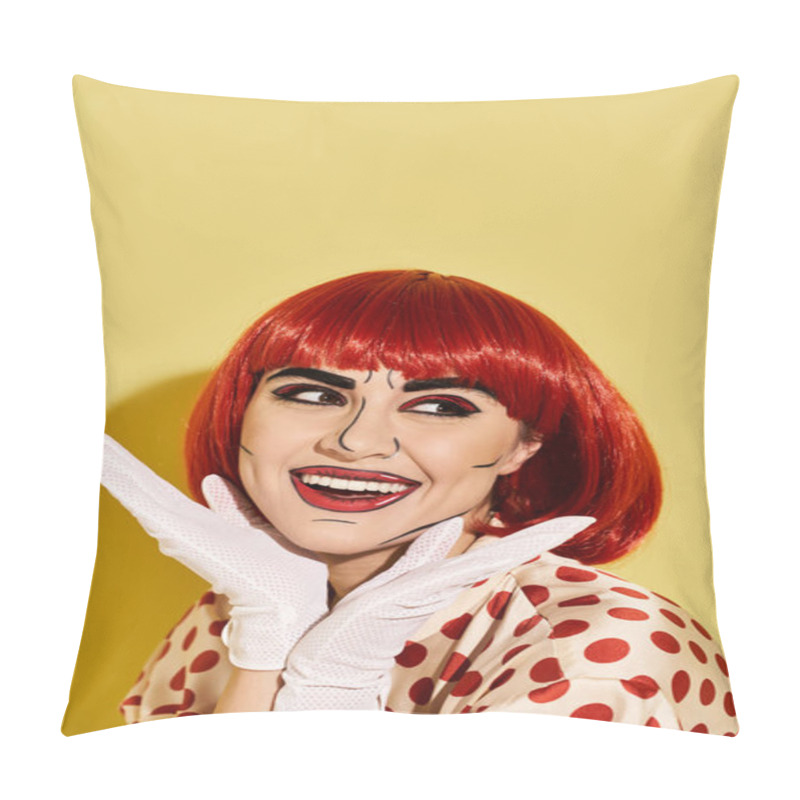 Personality  A Red-haired Woman In White Gloves, Donning Pop Art Makeup And A Polka Dot Blouse, Against A Vibrant Yellow Backdrop. Pillow Covers