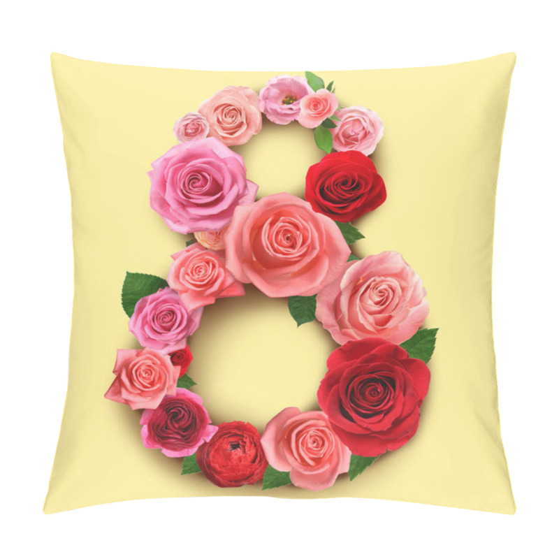 Personality  International Women's Day. Number 8 Made Of Beautiful Flowers On Pale Yellow Background, Top View Pillow Covers