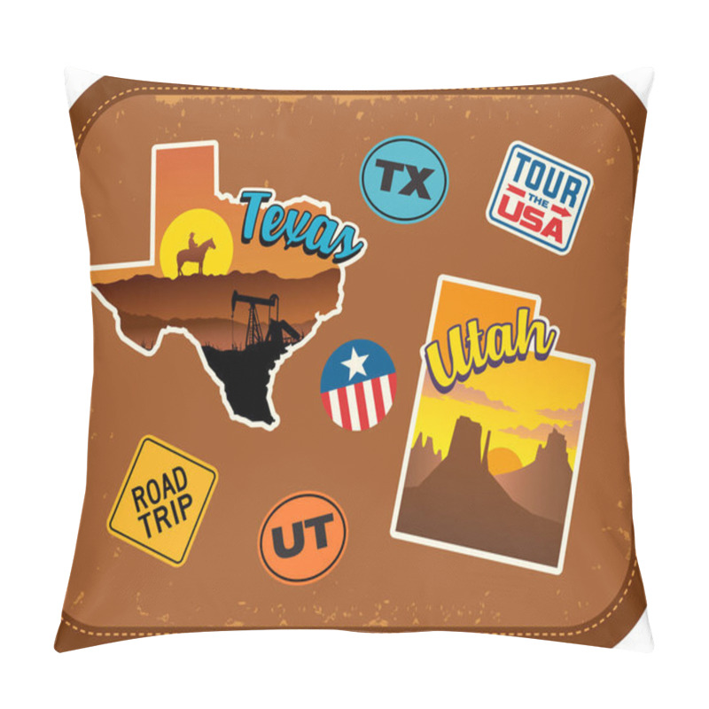 Personality  Texas, Utah Travel Stickers With Scenic Attractions And Retro Text On Vintage Suitcase Background Pillow Covers