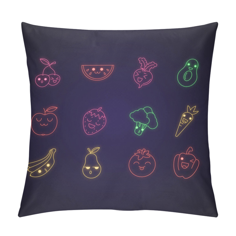 Personality  Vegetables And Fruits Cute Kawaii Neon Light Characters. Watermelon And Banana With Smiling Face. Happy Beetroot, Avocado. Funny Emoji, Emoticon, Smile. Glowing Icons. Vector Isolated Illustration Pillow Covers