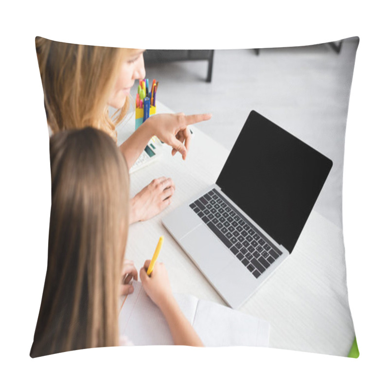 Personality  Selective Focus Of Woman Pointing With Finger At Laptop Near Kid Writing On Notebook During Electronic Learning At Home  Pillow Covers