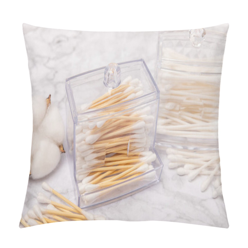 Personality  Cotton Buds On A Light Concrete Background.Eco-friendly Materials. Wooden, Cotton Swabs On A White Background.Bamboo Swabs And Cotton Flowers.Zero Waste, Plastic Free Lifestyle Concept.Place For Text. Pillow Covers