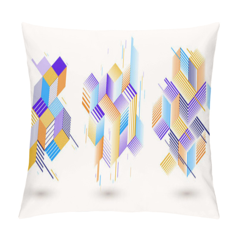 Personality  Line Design 3D Cubes And Triangles Abstract Backgrounds Set, Polygonal Low Poly Isometric Retro Style Templates. Stripy Graphic Elements Isolated. Templates For Posters Or Banners, Covers Or Ads. Pillow Covers