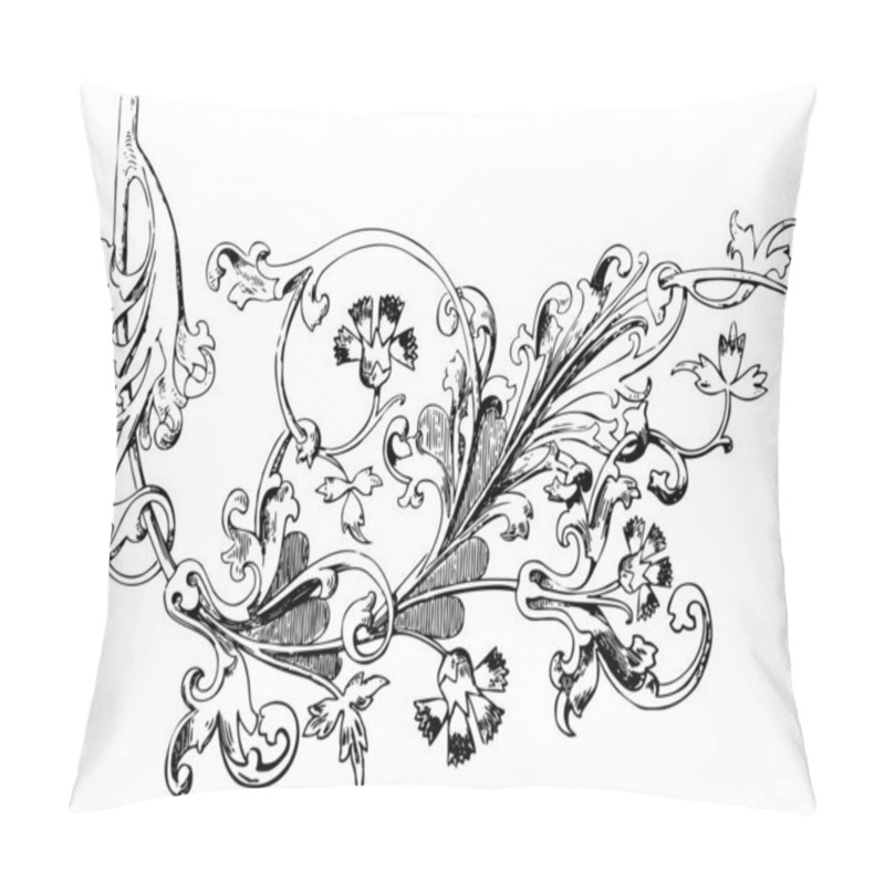 Personality  Hand Drawn Illustration Of Twig With Flowers And Leaves Baroque Vector. Cornflowers. Vegetal Ornament. Black And White Colors Pillow Covers