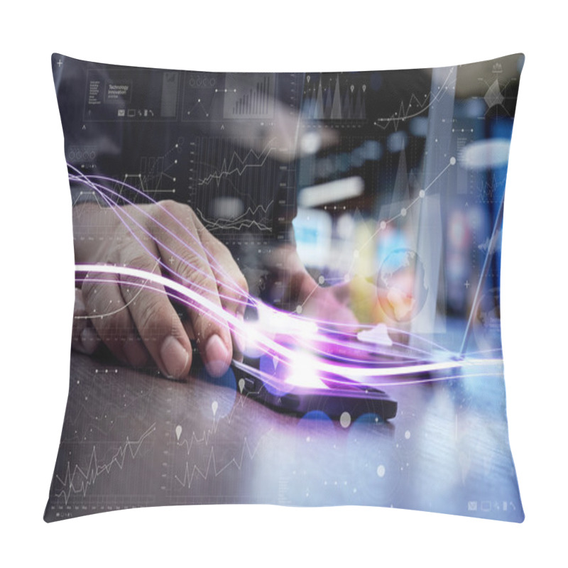 Personality  Waves Of Blue Light And Businessman Using On Smartphone As Conce Pillow Covers