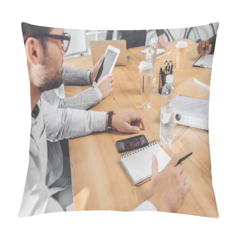 Personality  Cropped Image Of Man In Blue Shirt Sitting At Table At Office Space  Pillow Covers