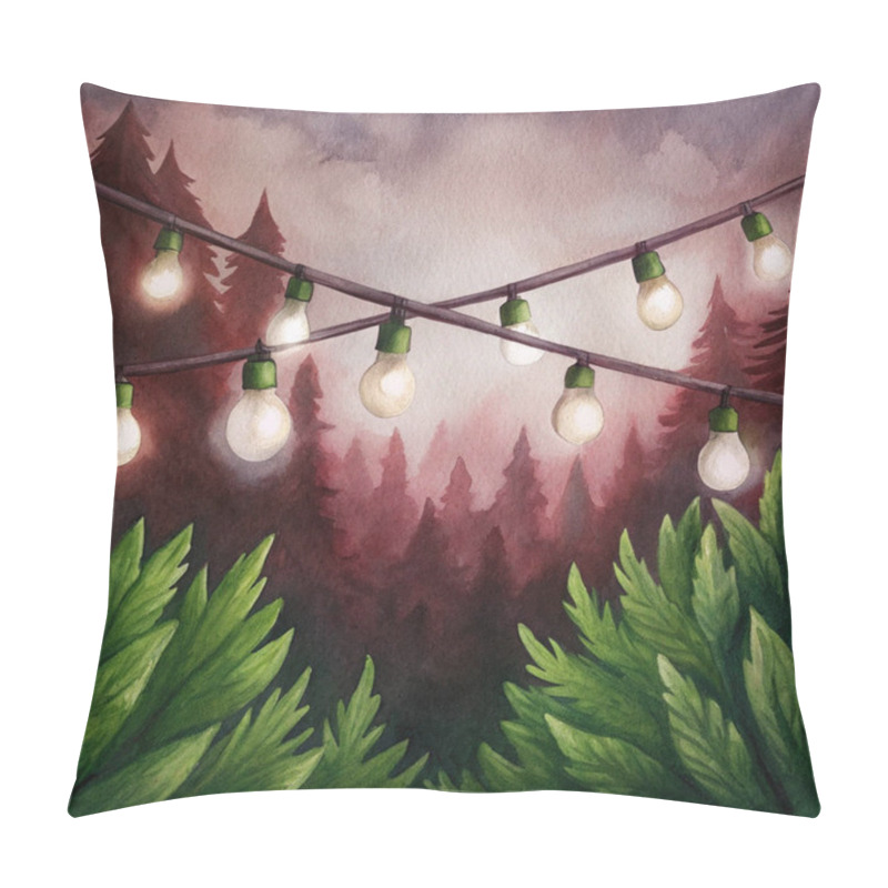 Personality  Charming String Lights In A Rustic Forest Backdrop, Featuring Warm Glowing Bulbs Strung Between Lush Greenery And Misty Pine Trees For A Tranquil Festive Ambiance. Pillow Covers