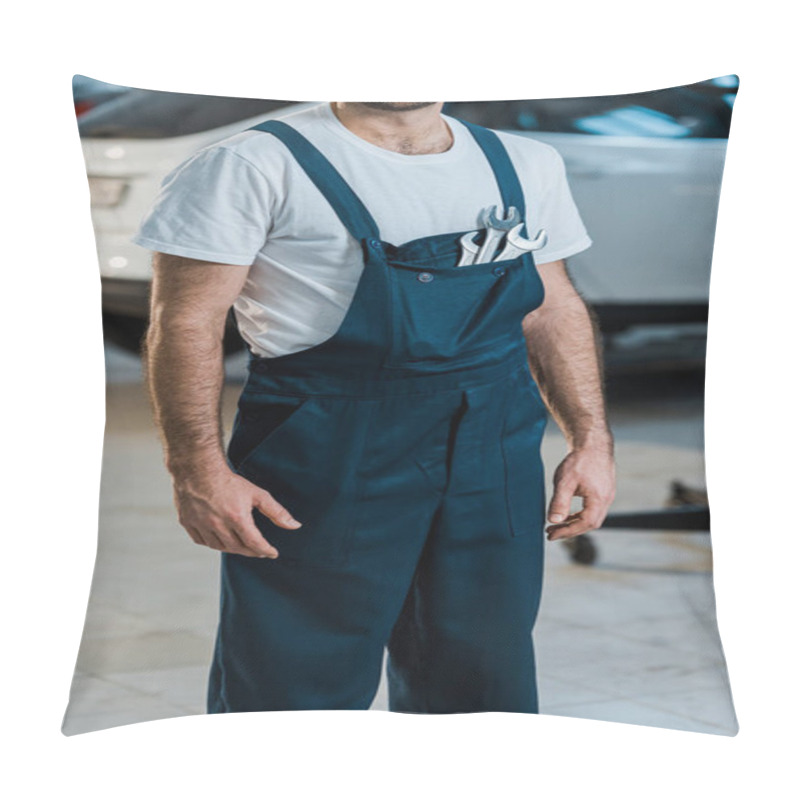 Personality  Cropped View Of Happy Auto Mechanic Standing With Hand Wrenches In Pocket  Pillow Covers