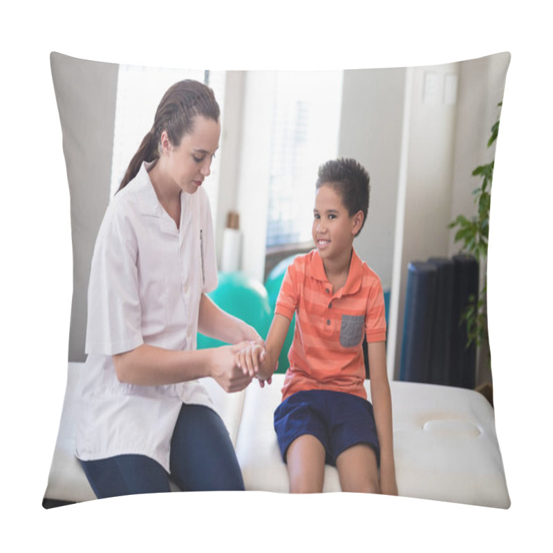 Personality  Therapist Examining Hand Of Boy Pillow Covers