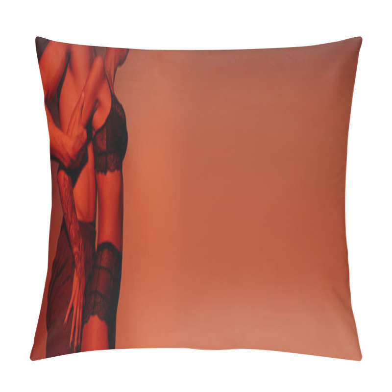 Personality  Side View Of Woman In Black Sexy Underwear Near Shirtless Man On Red Background, Banner Pillow Covers