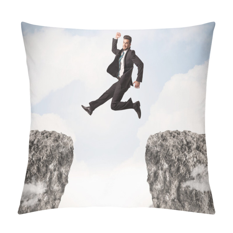 Personality  Funny Business Man Jumping Over Rocks With Gap Pillow Covers