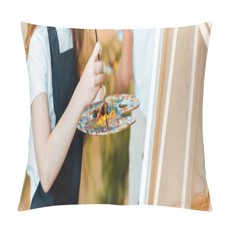 Personality  Panoramic Shot Of Kid Holding Palette And Paintbrush Near Easel  Pillow Covers