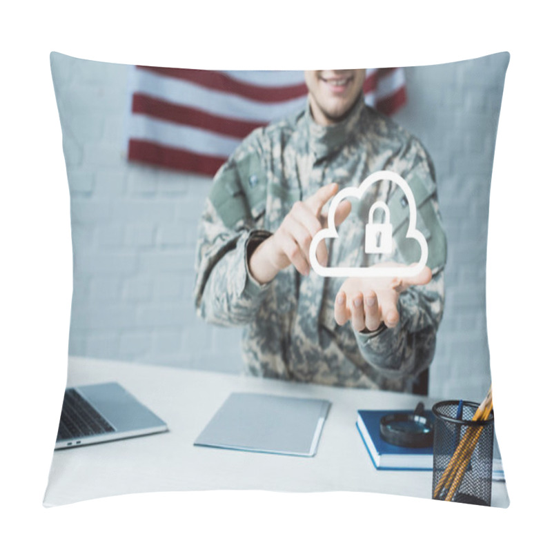 Personality  Cropped View Of Cheerful Man In Military Uniform Pointing With Finger At Cloud With Padlock Pillow Covers