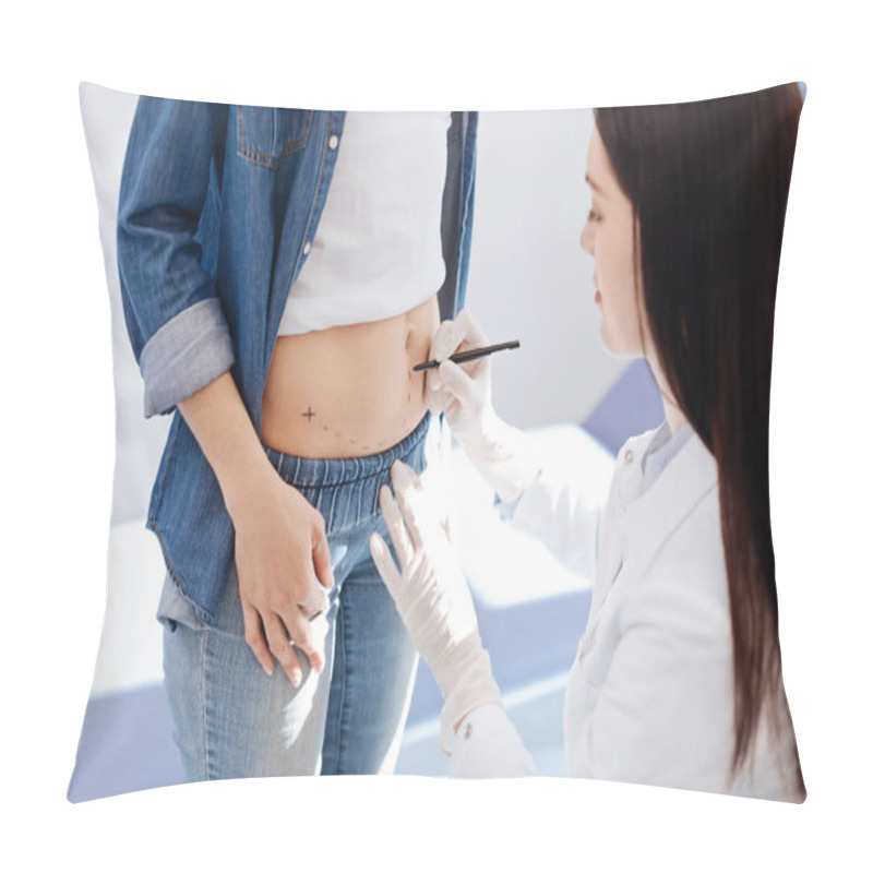 Personality  Nice Plastic Surgeon Looking At Her Patients Stomach Pillow Covers